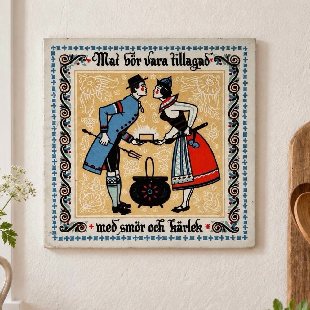 Vintage Swedish Folk Art Butter & Love Kitchen Wall Plaque Tile 6” Scandinavian